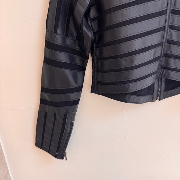 Overland Black Short Lamb Leather and Mesh Stripe Full Zip Jacket Womens Size XS - Picture 9 of 16